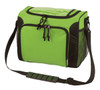 A green cooler bag with black accents, featuring a zippered closure and a shoulder strap. There is also mesh detailing.