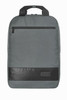 A grey backpack with a black base and zipper pocket, featuring a top handle and a logo.