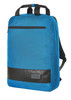 A blue laptop backpack with a black base and a front zip pocket, featuring dual carrying handles and adjustable straps.