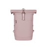 A pink laptop backpack featuring a roll-top closure, multiple pockets, and adjustable straps. It has a logo on the front.