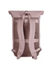 A rose-coloured laptop backpack featuring padded shoulder straps and a textured back for comfort. It has a logo.