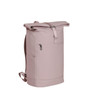 A pink laptop backpack with a roll-top design and a front zip pocket, featuring padded shoulder straps and a logo.
