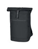 A black laptop backpack with a roll-top closure, featuring a front zip pocket and side mesh pockets. It has a logo.