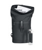 A black laptop backpack with an open top revealing documents inside and a clear drink bottle beside it. It has a front pocket and a logo.