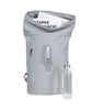 A grey laptop backpack with a roll-top design, featuring a front pocket and a transparent drink bottle beside it.