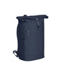 A navy blue laptop backpack with a roll-top closure, featuring zippers and adjustable straps. It has an external pocket and branding.