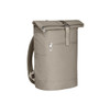 A beige backpack featuring a roll-top closure, a front zip pocket, and mesh shoulder straps. It has a logo on the side.