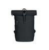A black backpack with a roll-top closure, front zipper pocket, and adjustable straps. It features a logo.