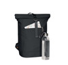A black backpack with a roll-top design, featuring a front pocket and a drink bottle alongside it.
