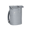 A grey roll-top backpack with a front zip pocket and adjustable shoulder straps. It features a logo on the side.