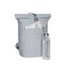 A light grey backpack with a roll-top design, featuring a front pocket and a drink bottle beside it.