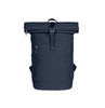 A navy blue roll-top backpack with a front zip pocket and adjustable straps. It features a branded logo.