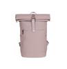 A pink backpack with a roll-top design, featuring a front zipper pocket and adjustable shoulder straps.