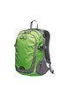 A bright green backpack with grey accents and multiple compartments. It features adjustable straps and a logo.