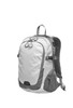 A grey and white Step Backpack M with multiple compartments and a logo on the front.