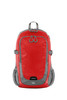 A red and grey backpack with adjustable straps and a central compartment, featuring mesh detailing and side pockets.