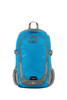A blue and grey backpack with adjustable straps and a mesh front pocket. It features a logo and side pockets.