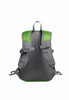 A grey and green backpack featuring padded straps and a textured back panel, with adjustable features and a logo.