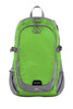 A green and grey backpack with a large main compartment and mesh side pockets, featuring a logo on the front.