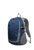 A navy blue and grey backpack featuring adjustable straps and side pockets, with a logo on the front.