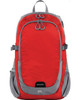 A red backpack with grey accents, featuring multiple compartments and a logo. Suitable for various carrying needs.