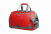 A red and grey duffle bag with dual handles, a shoulder strap, and a front zippered pocket.