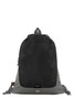A drawstring bag in grey and black with a mesh top and a logo on the surface.
