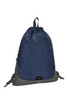 A navy blue and grey drawstring bag with a textured surface and a logo.