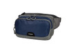 A navy and grey waist bag featuring a dual-zippered compartment and an adjustable strap. The bag has a small logo.