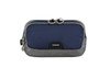 A navy and grey bum bag with a zip closure and a logo on the side. Features dual zippers on the top.