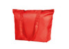A red tote bag with two sturdy handles and a glossy finish, featuring a logo on one side.