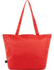 A large red tote bag with two handles and a simple design, featuring a logo.