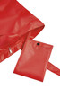 A red tote bag with a zippered pocket and a small pouch attached. The bag features a logo.