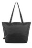 A large black tote bag with two long handles and a simple design. It features a logo on one side.