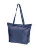 A navy blue tote bag with long handles and a smooth finish. It features a logo on one side.