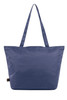 A navy tote bag with two handles and a simple design, featuring a branding logo.