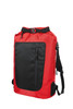 A red backpack with a black front pocket and straps, featuring a logo on the side.