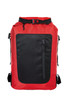 A red backpack with a black front panel, featuring adjustable straps and a side zipper pocket. It has a logo.