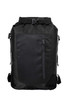 A black backpack with a roll-top closure, featuring a front zip pocket and adjustable straps. It has a logo.