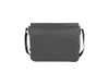 A grey satchel-style shoulder bag with a long adjustable strap and a simple, sleek design. It features a logo.