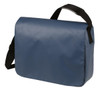 A navy blue shoulder bag with a black adjustable strap and a simple design. It features a logo in one corner.