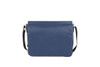 A blue shoulder bag with a black adjustable strap and a simple design, featuring a logo on the front.