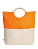 A tote bag with a bright orange top half and a cream-coloured bottom half, featuring a round handle and a branding logo.
