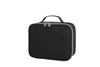 A black zipper bag with a handle, featuring a two-tone zipper design. It has a structured shape and a minimalist look.