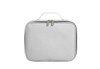 A white zippered bag with a handle and dual zippers. It has a simple design and includes a logo.