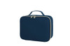 A navy blue zipper bag with a handle and dual zippers, featuring a smooth fabric exterior.