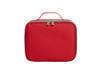 A red zipped bag with a handle, featuring a sturdy exterior and a branded logo.