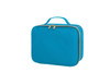 A blue zipper bag with a handle and double zipper closure, featuring a smooth exterior and a simple design.