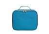 A blue zipped bag with a handle and a gold zip, featuring a simple design and a solid colour.