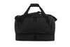 A black duffle bag with multiple zip compartments and comfortable carry handles. It features a logo.